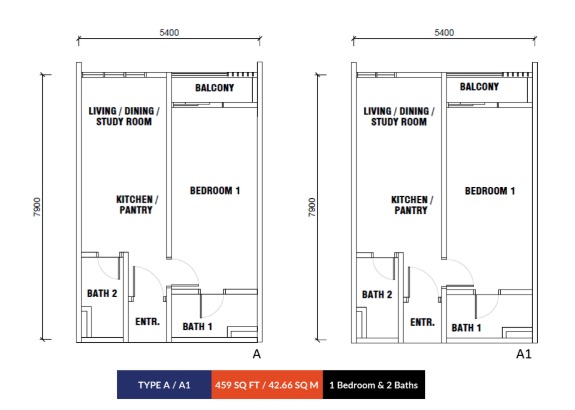 Type A floor plan showing the room layout and dimensions