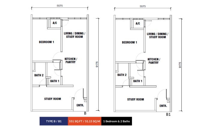 Type B floor plan showing the room layout and dimensions
